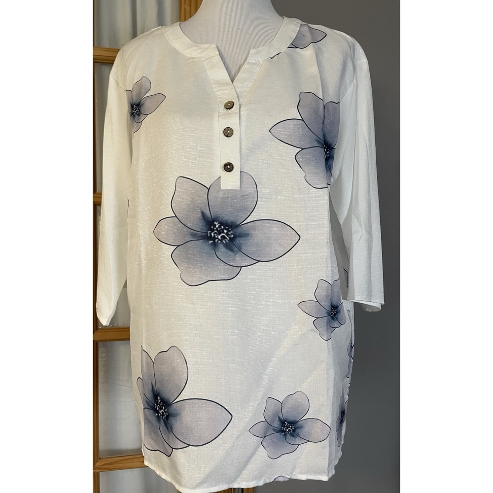 Mislook Linen Floral Blouse Womens XL White Blue Oversized Boho Cottagecore City